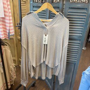 In Loom Quarter Split Almond Ribbed Polo Top